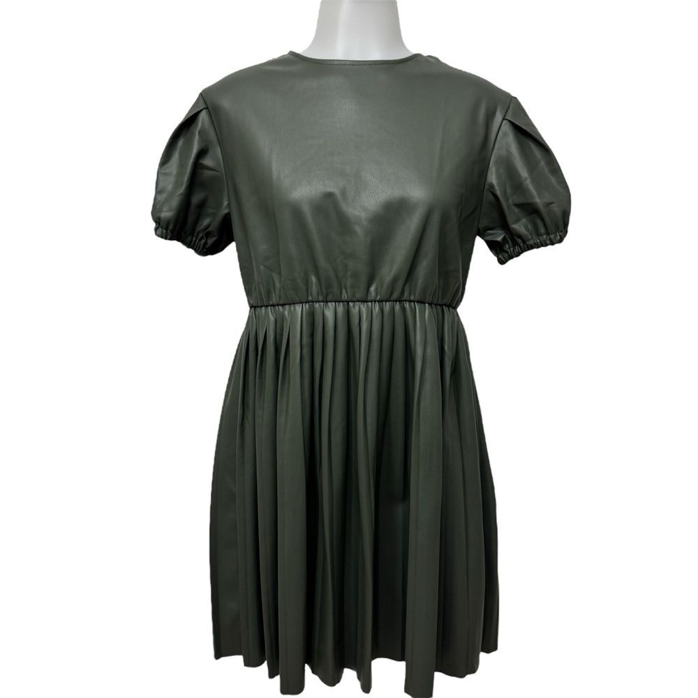 Zara Leather Army Green Dress Like New Green Puff Sleeve Faux Leather Size 13-14
